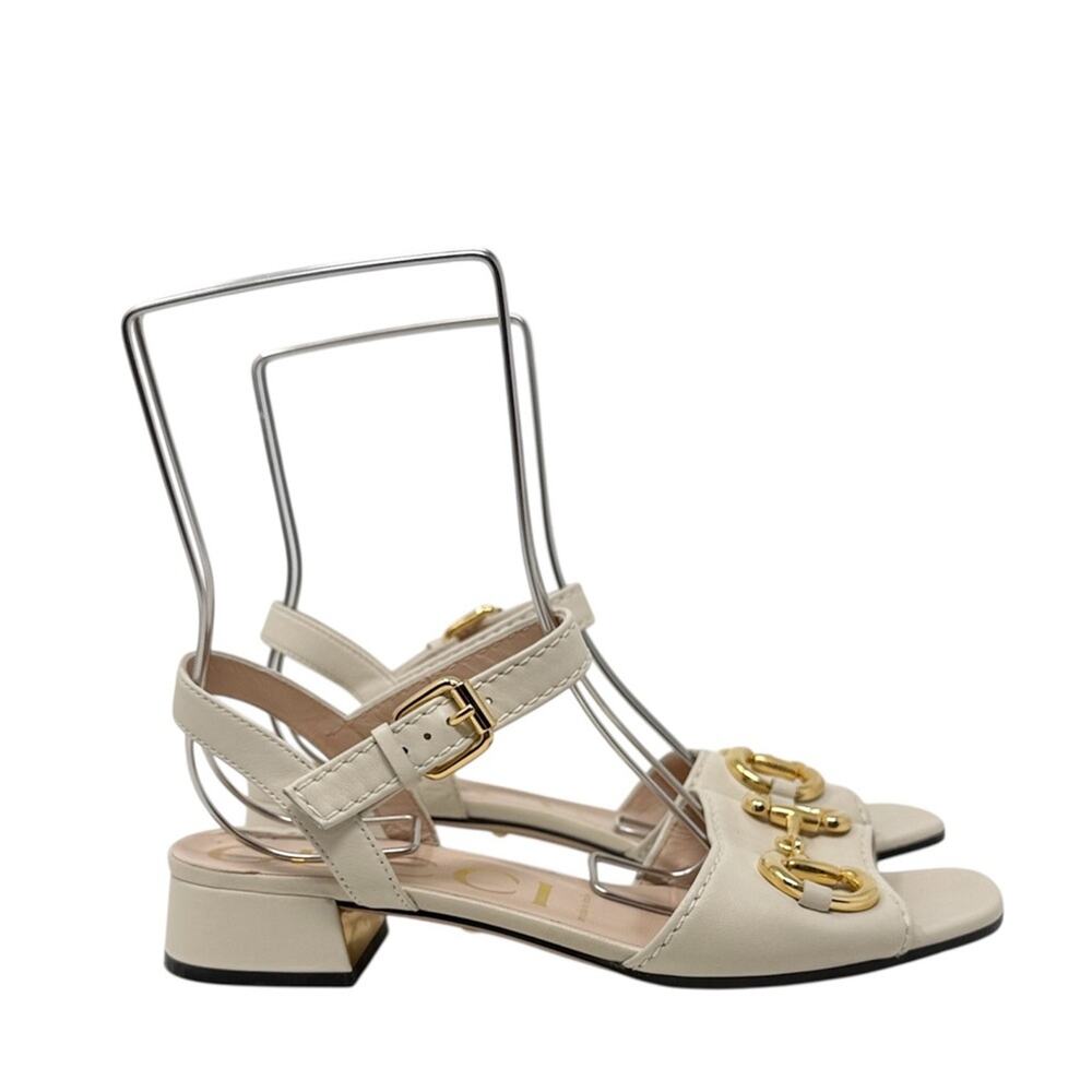 Gucci Baby Horsebit Leather Low Block Heel Sandals Mystic White Ivory Size 37.5 - Picture 2 of 9